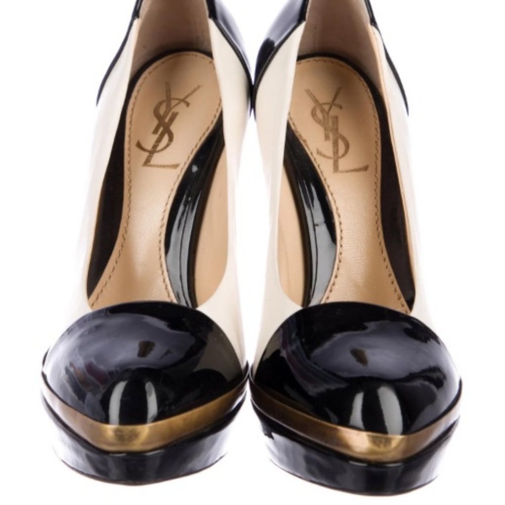 Yves Saint Laurent Black and Ivory White Leather Patent Leather Pumps 6.5